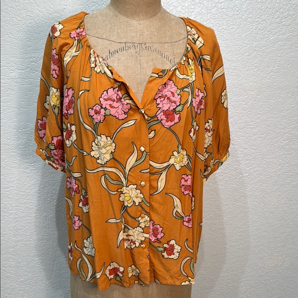 DR2 Orange‎ Floral with Pink White Accents Short Sleeve Blouse Size Medium NWT